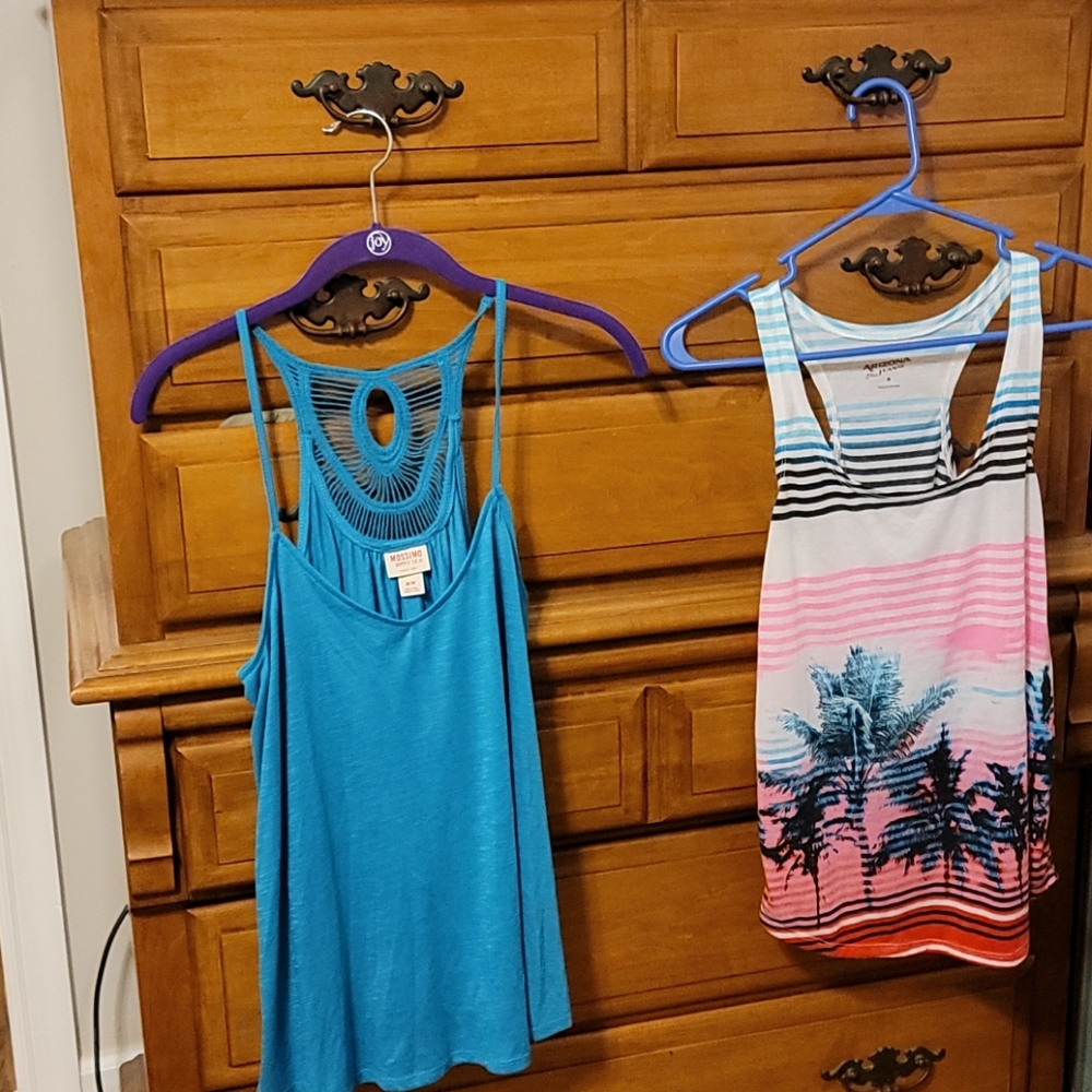 2 tank tops..teal & palm tree ..medium